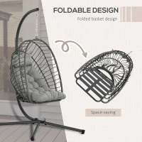 Outsunny Hanging Egg Chair with Stand, Foldable Wicker Rattan Swing Chair with Thick Cushion, Light Grey(m-4)