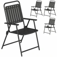 Outsunny Folding Garden Chairs, Garden Dining Chairs with Plastic Slatted Seat Back, Armrests, Steel Frame, Set of 4, Black(m-9)