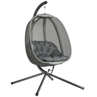 Outsunny Hanging Egg Chair, Outdoor Indoor Swing Chair with Stand, Folding Basket and Thickened Cushion, Grey(m-13)