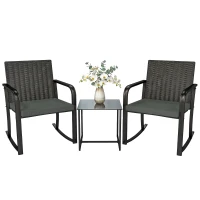 Outsunny 3 Pieces Rocking Bistro Set Outdoor Patio Furniture Set with Cushions, Glass Coffee Table for Balcony, Grey(m-9)