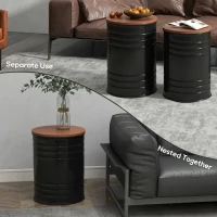 HOMCOM Round Side Table Set of 2, Nesting Coffee Tables w/ Wooden Lid, Metal Frame and Hidden Storage Space for Bedroom, Black(m-4)