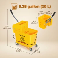 HOMCOM Compact Mop Bucket with Wringer, Mop Bucket on Wheels, 5 Gallon, Separate Dirty and Clean Water, Yellow(m-3)