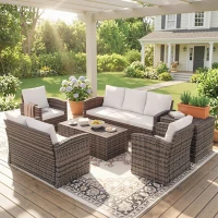 Outsunny 6 Pieces Wicker Patio Furniture Set with Cushions, 7-Seater Rattan Patio Sofa Set with Storage Table, Cream White(m-1)