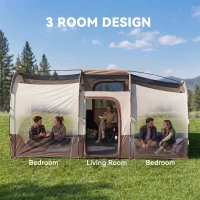 Outsunny 4 Person Camping Tent, 3 Room Cabin Tent, 3000mm Waterproof and UPF30+ with Sewn in Groundsheet and Carry Bag, Khaki(m-4)
