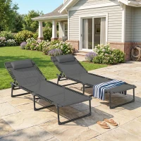 Outsunny 2 Folding Chaise Lounge Pool Chairs with 4-Position Reclining Back, Pillow, Breathable Mesh & Bungee Seat, Gray(m-10)