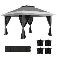 Outsunny 11.7' x 11.7' Pop Up Canopy Tent with Netting, UPF50+ Instant Sun Shelter with Wheeled Carry Bag and Sand Bags(m-9)