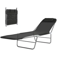 Outsunny Outdoor Lounge Chair, Portable Adjustable Reclining Seat Folding Chaise Lounge Patio Camping Beach Tanning Chair Bed with Pillow, Black(m-11)