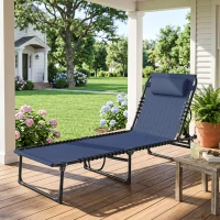Outsunny Folding Chaise Lounge Pool Chair with 4-Position Reclining Back, Pillow, Breathable Mesh & Bungee Seat, Dark Blue(m-2)