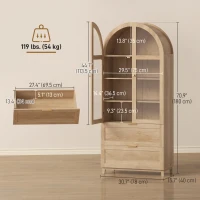 HOMCOM Arched Kitchen Pantry Cabinet, 71" Tall Farmhouse Kitchen Storage Cabinet with 2 Drawers, Acrylic Glass Doors, Oak(m-3)