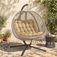 Outsunny Double Egg Chair with Stand, 2 Person Hanging Swing Egg Chair with Cushion, Pockets, Khaki(m-1)