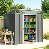 Outsunny 6.5 x 4 ft Garden Shed, Galvanised Steel Outdoor Tool Storage with Lockable Sliding Doors, Foundation Kit, Hooks & Vents, Light Grey(m-8)