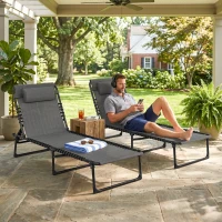 Outsunny 2 Folding Chaise Lounge Pool Chairs with 4-Position Reclining Back, Pillow, Breathable Mesh & Bungee Seat, Gray(m-7)