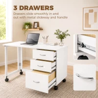 HOMCOM Computer Desk Foldable Top Office Desk 3 Drawers, 4 Lockable Wheels, White Wood Grain(m-5)