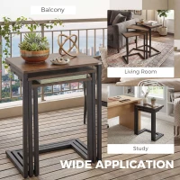 HOMCOM Nesting Coffee Table Set of 3, Stackable Rectangular End Tables with Wood-Effect Top, Metal Frame, Industrial & Rustic C-Shaped for Small Space, Living Room, Rustic Brown(m-7)