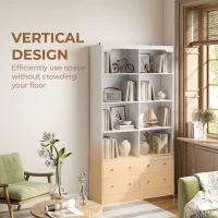 HOMCOM Bookshelf with 8 Cubbies and 4 Drawers, 5-Tier Double Wide Bookcase with Storage, Standing Book Cabinet, White(m-5)