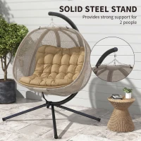 Outsunny Double Egg Chair with Stand, 2 Person Hanging Swing Egg Chair with Cushion, Pockets, Khaki(m-7)