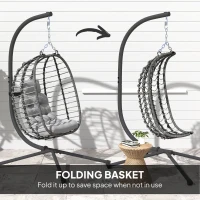 Outsunny Hanging Egg Chair with Stand, Foldable Wicker Rattan Swing Chair with Thick Cushion, Headrest, Light Grey(m-6)