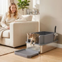 PawHut Stainless Steel Sifting Litter Box for Pine Pellets, Large Metal Litter Box with Sifter Tray, Metal Scoop, 10 Pee Pads(m-2)