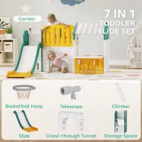 Qaba 7-in-1 Toddler Slide, Kids Slide Climber Playset with Playhouse and Basketball Hoop for 1-4 Years, Yellow(m-4)
