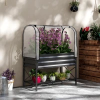 Outsunny Raised Garden Bed with Cover, Metal Elevated Planter Box with Bottom Shelf and Liner, Black(m-8)