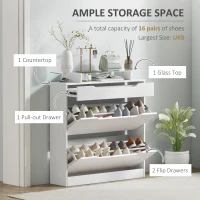 HOMCOM High Gloss Shoe Cabinet with 2 Flip Drawers and Adjustable Shelves, Narrow Shoe Storage Cabinet with Glass Top, White(m-5)