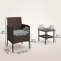 Outsunny Wicker Bistro Set, 3 Piece Patio Furniture Set with 2-Tier Glass Top Table, Cushions for Balcony, Porch, Dark Grey(m-3)