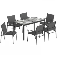 Outsunny Outdoor Dining Set for 6, Faux Wood Patio Table and Chairs with Breathable Mesh Seat, Galvanized Steel Frame, Black(m-9)