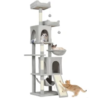 PawHut Cat Tree, 70" Multi-Level Cat Tower with 2 Condos, 2 Beds, Hammock, Toy Balls, Scratching Posts and Board, Light Grey(m-12)