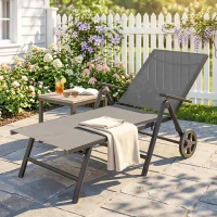Outsunny Outdoor Lounge Chair, 5-Level Adjustable Folding Chaise Chair with 2 Wheels for Backyard, Beach, Poolside, Grey(m-1)
