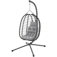 Outsunny Hanging Egg Chair with Stand, Foldable Wicker Rattan Swing Chair with Thick Cushion, Headrest, Light Grey(m-2)