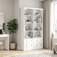 HOMCOM Bookshelf with 8 Cubbies and 4 Drawers, 5-Tier Double Wide Bookcase with Storage, Standing Book Cabinet, White(m-8)