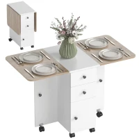 HOMCOM Drop Leaf Dining Table, Mobile Folding Table on Wheels with Drawers and Cabinet for Dining Room, Kitchen, White and Oak(m-9)