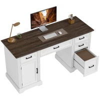 HOMCOM 58" Home Office Desk with Soft-Close Drawers, Farmhouse Executive Desk with File Drawer for Letter Size, White(m-9)