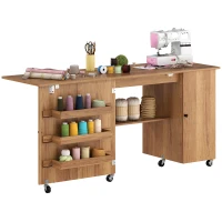 HOMCOM Sewing Machine Table with Drop Leaf, Folding Craft Table with 2 Doors and Adjustable Shelf for Small Spaces, Brown(m-9)
