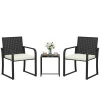 Outsunny Outdoor Bistro Set, 3 Piece Wicker Patio Furniture with Mesh Seat, Glass Table, Cushions for Porch, Balcony, Cream White(m-9)