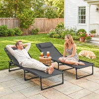 Outsunny 2 Folding Chaise Lounge Pool Chairs with 4-Position Reclining Back, Pillow, Breathable Mesh & Bungee Seat, Gray(m-8)