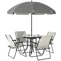 Outsunny 6 Pieces Patio Dining Set with Umbrella, Patio Furniture Set with Folding Chairs, Glass Table for Garden Backyard, Cream White(m-9)