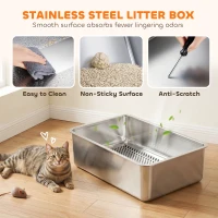 PawHut Stainless Steel Sifting Litter Box for Pine Pellets, Large Metal Litter Box with Sifter Tray, Metal Scoop, 10 Pee Pads(m-6)