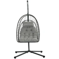 Outsunny Hanging Egg Chair with Stand, Foldable Wicker Rattan Swing Chair with Thick Cushion, Light Grey(m-2)