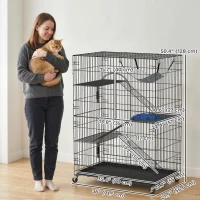 PawHut 4-Tier Cat Cage, Large Cat Enclosure with Lockable Wheels, Tray, Hammock, Bed, 3 Ramp, 3 Platforms for 3-5 Kittens(m-3)