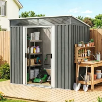 Outsunny 6.5 x 4 ft Garden Shed, Galvanised Steel Outdoor Tool Storage with Lockable Sliding Doors, Foundation Kit, Hooks & Vents, Light Grey(m-1)