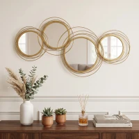 HOMCOM Metal Wall Art Gold Frame Circle Bathroom Mirror Decor Home Hanging Wall Sculptures, 42.25"L x 22"W x 1.5"H, Gold(m-9)