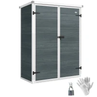 Outsunny Outdoor 4.4' x 2.3' Plastic Storage Shed with Lockable Doors and Foldable Shelves, Wood-Effect Garden Shed, Grey(m-9)