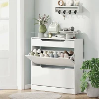 HOMCOM High Gloss Shoe Cabinet with 2 Flip Drawers and Adjustable Shelves, Narrow Shoe Storage Cabinet with Glass Top, White(m-1)