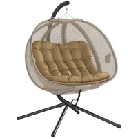 Outsunny Double Egg Chair with Stand, 2 Person Hanging Swing Egg Chair with Cushion, Pockets, Khaki(m-9)