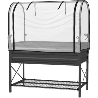 Outsunny Raised Garden Bed with Cover, Metal Elevated Planter Box with Bottom Shelf and Liner, Black(m-2)