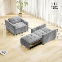 HOMCOM Convertible Chair Bed, Pull Out Sleeper Chair with USB, Adjustable Backrest, Small Velvet Futon Sofa Bed, Grey(m-3)