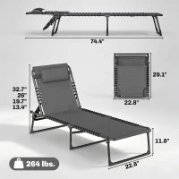 Outsunny 2 Folding Chaise Lounge Pool Chairs with 4-Position Reclining Back, Pillow, Breathable Mesh & Bungee Seat, Gray(m-3)
