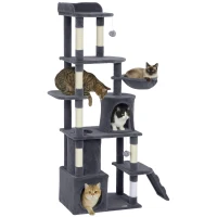 PawHut 67" Large Cat Tree with 7 Scratching Posts, Tunnel, 2 Condos, Hammock, Perch, Ramp, Pompoms, Dark Grey(m-9)