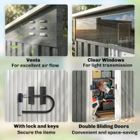 Outsunny 6.5 x 4 ft Garden Shed, Galvanised Steel Outdoor Tool Storage with Lockable Sliding Doors, Foundation Kit, Hooks & Vents, Light Grey(m-7)